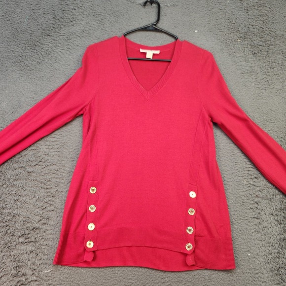 Michael‎ Kors Sweater Womens Small Pullover Gold Button Long Sleeve V Neck Top - Picture 1 of 7
